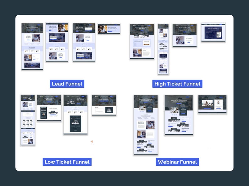 May include: A collection of website mockups, showcasing different funnel types: Lead, High Ticket, Low Ticket, and Webinar. Each funnel type is represented by multiple website page designs, with a blue and white color scheme.