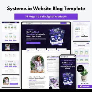 Può includere: Un modello di blog per sito web Systeme.io con 15 pagine per vendere prodotti digitali. Il design presenta uno schema di colori viola scuro e bianco, mockup di ebook intitolati 16 Clear Funnel Flow Roadmaps e varie sezioni di layout per contenuti.