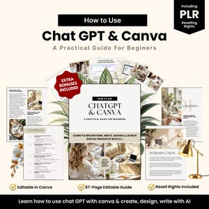 Pode incluir: Um guia prático para iniciantes sobre como usar Chat GPT e Canva. A capa apresenta o título e uma mulher trabalhando em um laptop. Inclui bônus extras e direitos de revenda. Aprenda a fazer brainstorming, escrever, projetar e lançar produtos digitais com IA.