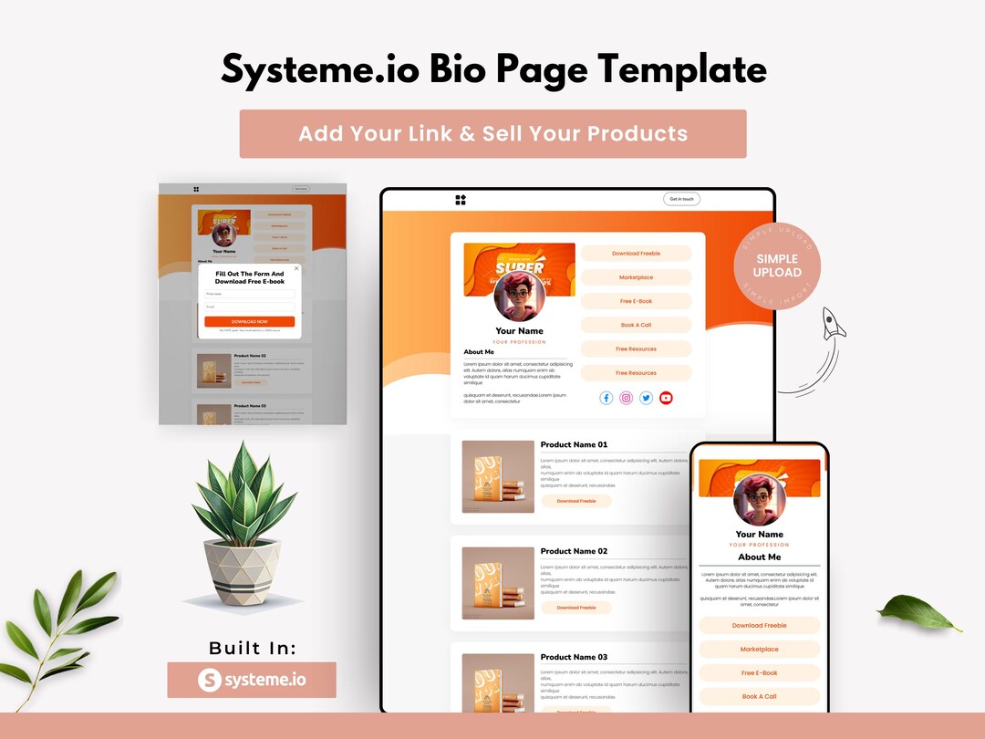 Orange Link in Bio Template for Systeme.io: Customizable Social Media ...