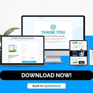 May include: A digital marketing graphic featuring a laptop, desktop, tablet, and smartphone displaying website interfaces. The screens show a payment process form, a thank you message, and a website layout. The text "DOWNLOAD NOW!" is prominent.