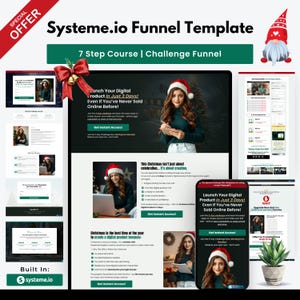 Pode incluir: Gráfico promocional para um modelo de funil de produto digital. O design apresenta uma mulher com um chapéu de Papai Noel, um laptop e um smartphone. O texto inclui "Lance seu produto digital em apenas 3 dias!" e "Curso de 7 passos | Funil de desafio."