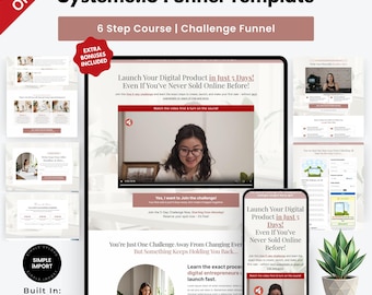 May include: A digital marketing funnel template displayed on a tablet and smartphone. The template includes the text "Launch Your Digital Product in Just 5 Days!" and "Systeme.io Funnel Template". Additional pages and a potted plant are also visible.