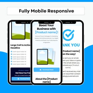May include: Three smartphones showing website mockups. The screens display a large call to action headline, a business promotion with the text "Boost Your Business with [Product name]!", and a thank you message. The phrase "Fully Mobile Responsive" is at the top.