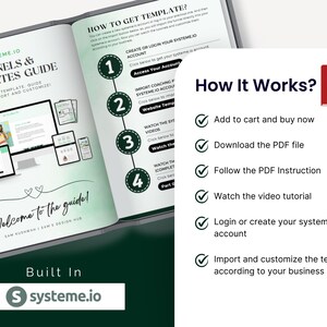 May include: An open book with the title "FUNNELS & TEMPLATES GUIDE" and the text "EASY TO IMPORT AND CUSTOMIZE". The page includes a "How It Works?" section with steps to use the templates. The Systeme.io logo is at the bottom.