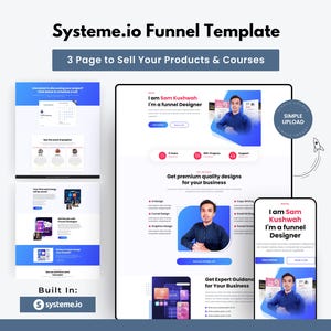 Pode incluir: Um modelo de marketing digital para Systeme.io, mostrando um design de funil de 3 páginas para vender produtos e cursos. O design apresenta um layout limpo com elementos azuis e brancos e inclui uma maquete de telefone celular.