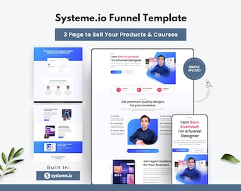 May include: A digital marketing template for Systeme.io, showcasing a 3-page funnel design to sell products and courses. The design features a clean layout with blue and white elements, and includes a mobile phone mockup.