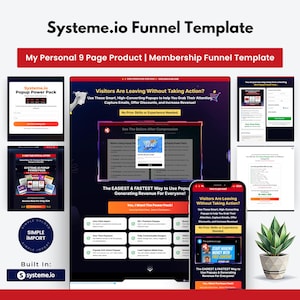 May include: A digital marketing funnel template titled "Systeme.io Funnel Template." The image showcases a 9-page product and membership funnel. It highlights features like popups to capture emails, offer discounts, and increase revenue. The text includes "No Prior Skills or Experience Needed."