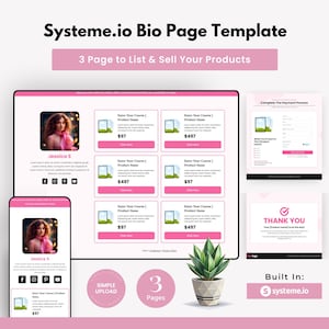 Pode incluir: Um modelo de marketing digital para uma página de biografia, mostrando um layout de três páginas para listar e vender produtos. O design apresenta um esquema de cores rosa e branco, com uma visualização móvel e de desktop. O modelo inclui uma página de agradecimento.