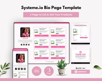 May include: A digital marketing template for a bio page, showcasing a three-page layout to list and sell products. The design features a pink and white color scheme, with a mobile and desktop view. The template includes a thank you page.