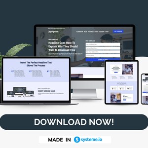 May include: A digital marketing website design displayed on a laptop, desktop monitor, tablet, and smartphone. The screens show a landing page with a headline, form, and call to action. The phrase "DOWNLOAD NOW!" is prominent.