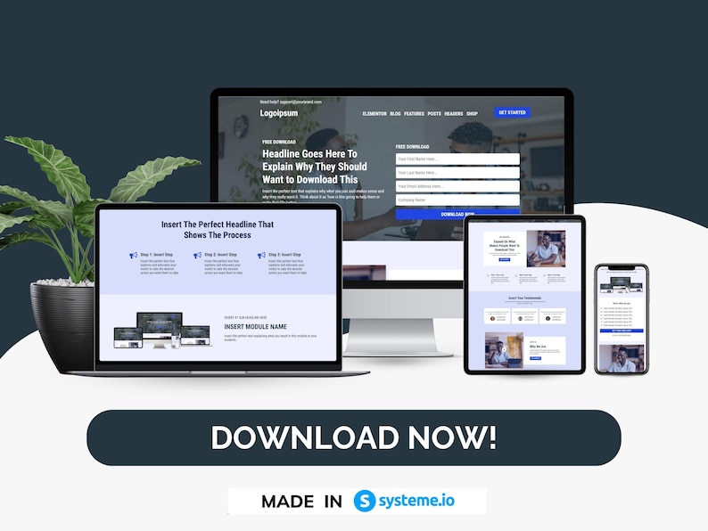 May include: A digital marketing website design displayed on a laptop, desktop monitor, tablet, and smartphone. The screens show a landing page with a headline, form, and call to action. The phrase "DOWNLOAD NOW!" is prominent.