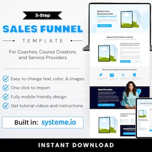 May include: A digital sales funnel template shown on a laptop and tablet. The template is for coaches, course creators, and service providers. Features include easy text and colour changes, one-click import, and a mobile-friendly design. The text "Instant Download" is at the bottom.