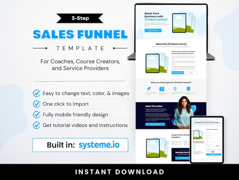 May include: A digital sales funnel template shown on a laptop and tablet. The template is for coaches, course creators, and service providers. Features include easy text and colour changes, one-click import, and a mobile-friendly design. The text "Instant Download" is at the bottom.