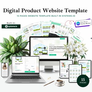 May include: A digital product website template is displayed on a laptop, desktop, tablet, and smartphone. The image includes the text "Digital Product Website Template" and "15 Pages Website Template Built in Systeme.io". A bouquet of white flowers and a cup of coffee are also present.