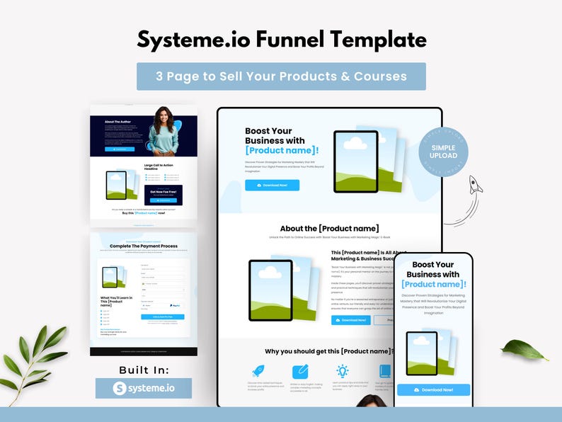 May include: A digital marketing template with the text "Systeme.io Funnel Template" and "3 Page to Sell Your Products & Courses". The design includes mockups of a website and mobile phone, with the words "Boost Your Business with [Product name]!"