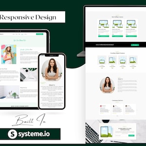 May include: A digital marketing website design displayed on a laptop, tablet, and smartphone. The website features a clean, modern layout with images and text. The text "Responsive Design" and "Built In systeme.io" are also visible.
