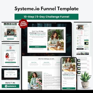 以下が含まれることがあります： 「Systeme.io Funnel Template」と「10-Step | 5-Day Challenge Funnel」のテキストが入ったデジタルマーケティングファネルテンプレート。画像には、ウェブサイトと携帯電話の画面のスクリーンショットが含まれており、女性がラップトップを使用しています。