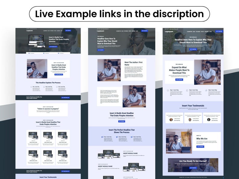 May include: A digital marketing website template with a light blue and white color scheme. The design includes multiple sections with text and images, including the text "Live Example links in the discription". The template is designed for desktop and mobile devices.