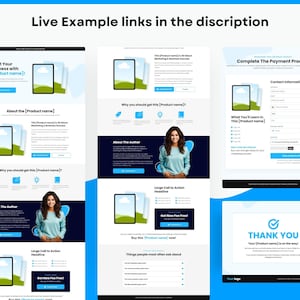May include: A digital marketing website design in blue and white. The website includes sections for product information, payment processing, and a thank you message. The text includes "Boost Your Business with [Product name]!" and "Live Example links in the discription."
