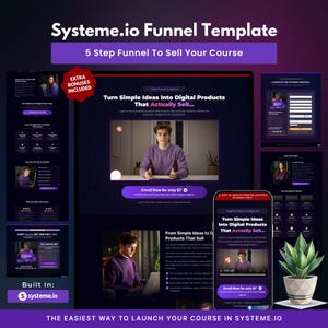 Pode incluir: Um gráfico de marketing digital com o texto "Systeme.io Funnel Template" e "5 Step Funnel To Sell Your Course". A imagem inclui um laptop, um telefone e uma planta em um vaso branco. O texto diz "Turn Simple Ideas Into Digital Products That Actually Sell..."