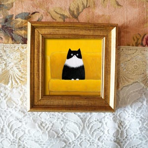 Mini Cat Wall Art – 5x5 Inch Oil Painting of Black and White Cat in Vintage Frame
