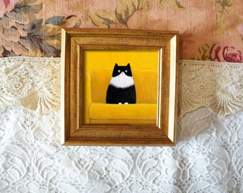Mini Cat Oil Painting or Art Print – 5x5 inch Black and White Cat in Vintage Frame