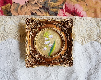Peinture à l'huile ou impression d'art Muguet - Mini oeuvre d'art encadrée - Décoration d'intérieur botanique vintage, dorée à la main avec de la feuille d'or