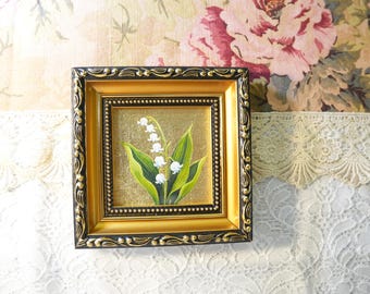 Mini peinture à l'huile de muguet - Peinture à l'huile ou impression d'art - 6 x 6 pouces, doré à la feuille d'or