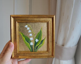Mini peinture à l'huile ou impression d'art Muguet - 5,5 x 5,5 pouces Oeuvre d'art florale à la feuille d'or dans un cadre, dorée à la main avec de la feuille d'or