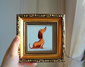 Tiny Dachshund Oil Painting or Art Print – 5x5 inch, Handmade Dog Art – Small Framed Animal Painting