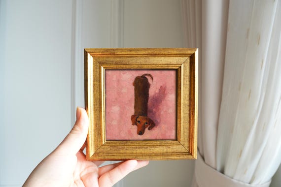Miniature Dachshund Painting – Oil Painting with Vintage Frame – 5x5 inch