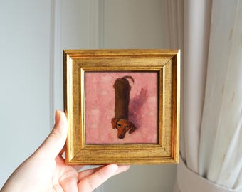 Mini Dachshund Framed Artwork – Oil Painting or Art Print – 5x5 inch
