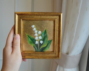 Peinture à l'huile de fleurs miniatures - Peinture à l'huile ou impression d'art de muguet - 5 x 5 pouces, doré à la main avec de la feuille d'or