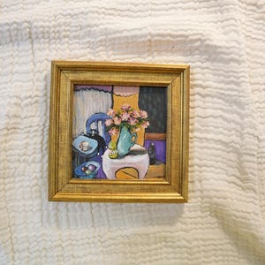 Mini Black Cat Oil Painting – 6x6 Inch Vintage Frame, Hand-Painted Small Wall Art