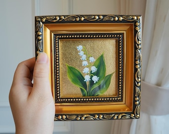 Muguet - Peinture à l'huile ou impression d'art - Oeuvre d'art florale de 6 x 6 pouces dans un cadre, dorée à la main avec de la feuille d'or