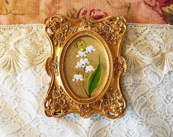 Mini peinture à l'huile muguet - 4 x 5 pouces peinture à l'huile ou impression d'art - art mural floral vintage, doré à la main avec feuille d'or