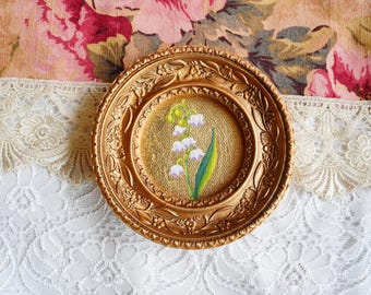 Impression d'art muguet peint à la main - Peinture à l'huile miniature dans un cadre doré - Élégant cadeau vintage, doré à la main avec feuille d'or