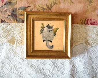 Bumblebee Cat Mini Oil Painting, Hand-Painted Cat Bee Artwork, 5.5 x 5.5 Inch Original Oil Painting or Fine Art Print, Whimsical