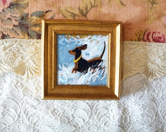 Miniature Dachshund Oil Painting or Art Print – 5x5 inch, Handmade and Framed