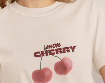 Mon Cherry Graphic Tee: Retro Fruit Design, French Style