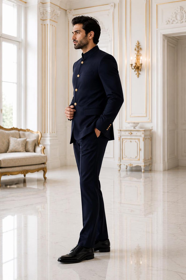 May include: A dark navy blue suit featuring a mandarin collar jacket with four gold-toned buttons down the front and matching trousers. The jacket includes long sleeves with gold-toned buttons at the cuffs and two side pockets, paired with black shoes.