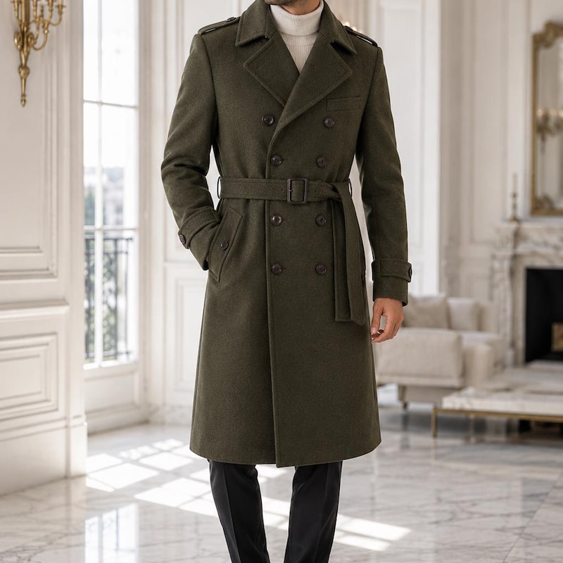 Men Olive Belted Coat - Etsy