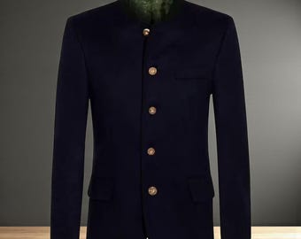 Chaqueta Nehru de lana azul para hombre: Blazer de estilo vintage con cuello mandarín.