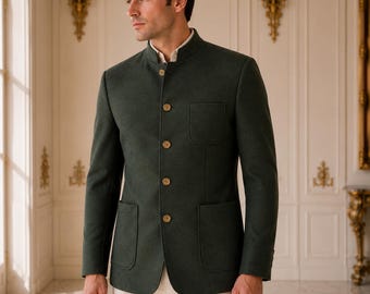 Mens Dark Green Wool Trachten Jacket: Bavarian Oktoberfest Blazer