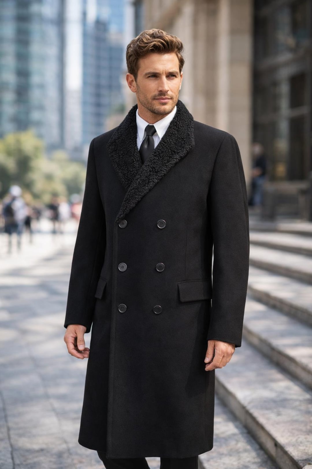 Men's Elegant Black Winter Overcoat | Double Breasted Long Wool