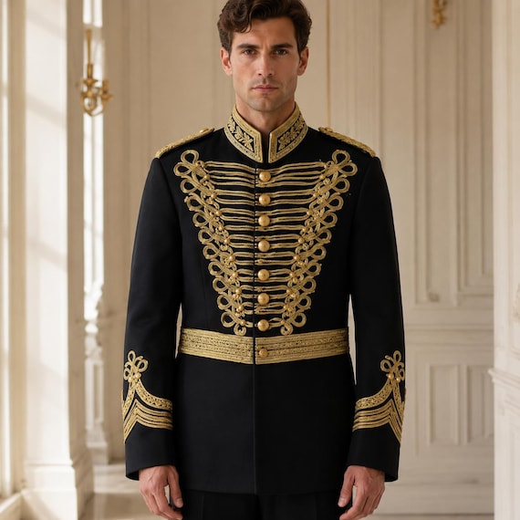 gold jacket fancy dress Black Military for Men, Formal Wear Wool Embroidered Coat Offered with the choice