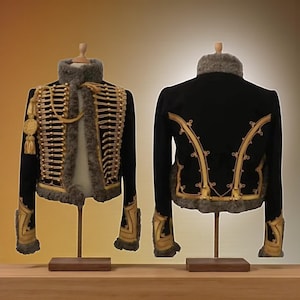 Men&#39;s Black Hussar Jacket, Vintage Style Military Tunic, Napoleonic Era Uniform, Gold Braid Accents, Faux Fur Trim