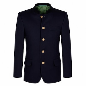 Men's Blue Wool Nehru Jacket: Vintage Style Mandarin Collar Blazer image 5