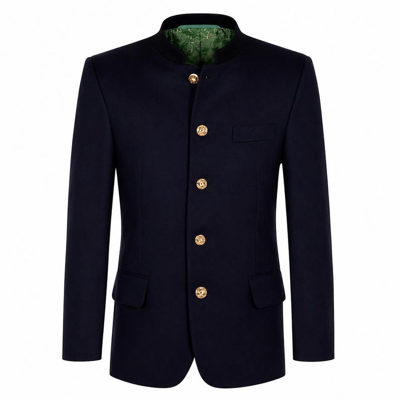 Men's Blue Wool Nehru Jacket: Vintage Style Mandarin Collar Blazer image 5